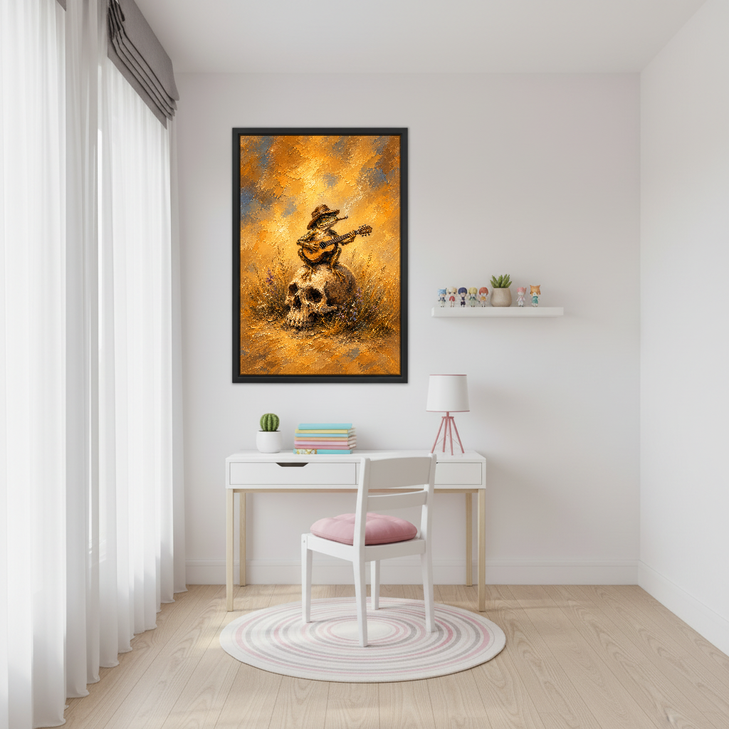 Cowboy Frog Guitar Serenade Canvas Wall Art framed above a white desk beside a pale pink chair.