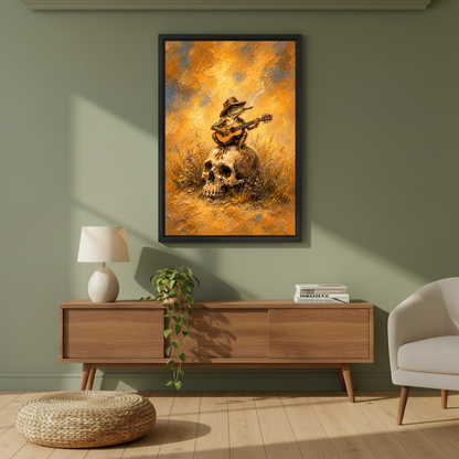 Cowboy Frog Guitar Serenade Canvas Wall Art framed above a wood console against an olive wall.