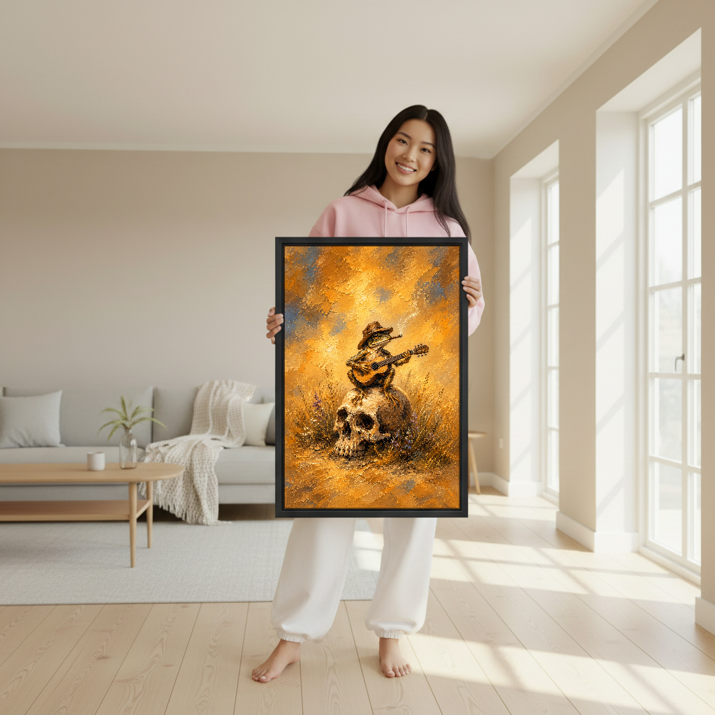 Cowboy Frog Guitar Serenade Canvas Wall Art held in a black frame by a woman in pink.