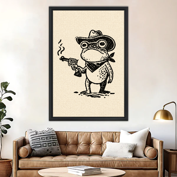 Little Frog Outlaw Canvas Wall Art framed above a brown leather sofa and brass lamp.