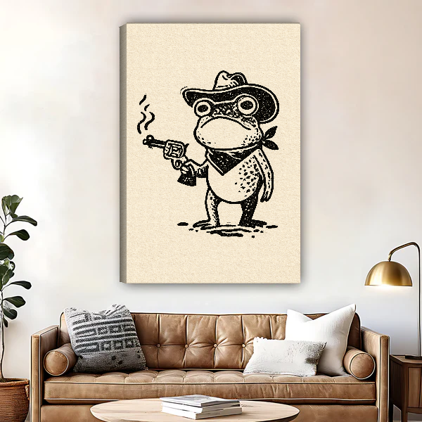 Little Frog Outlaw Canvas Wall Art unframed above a brown leather sofa and brass lamp.
