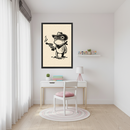 Little Frog Outlaw Canvas Wall Art framed above a white desk beside a pale pink chair.