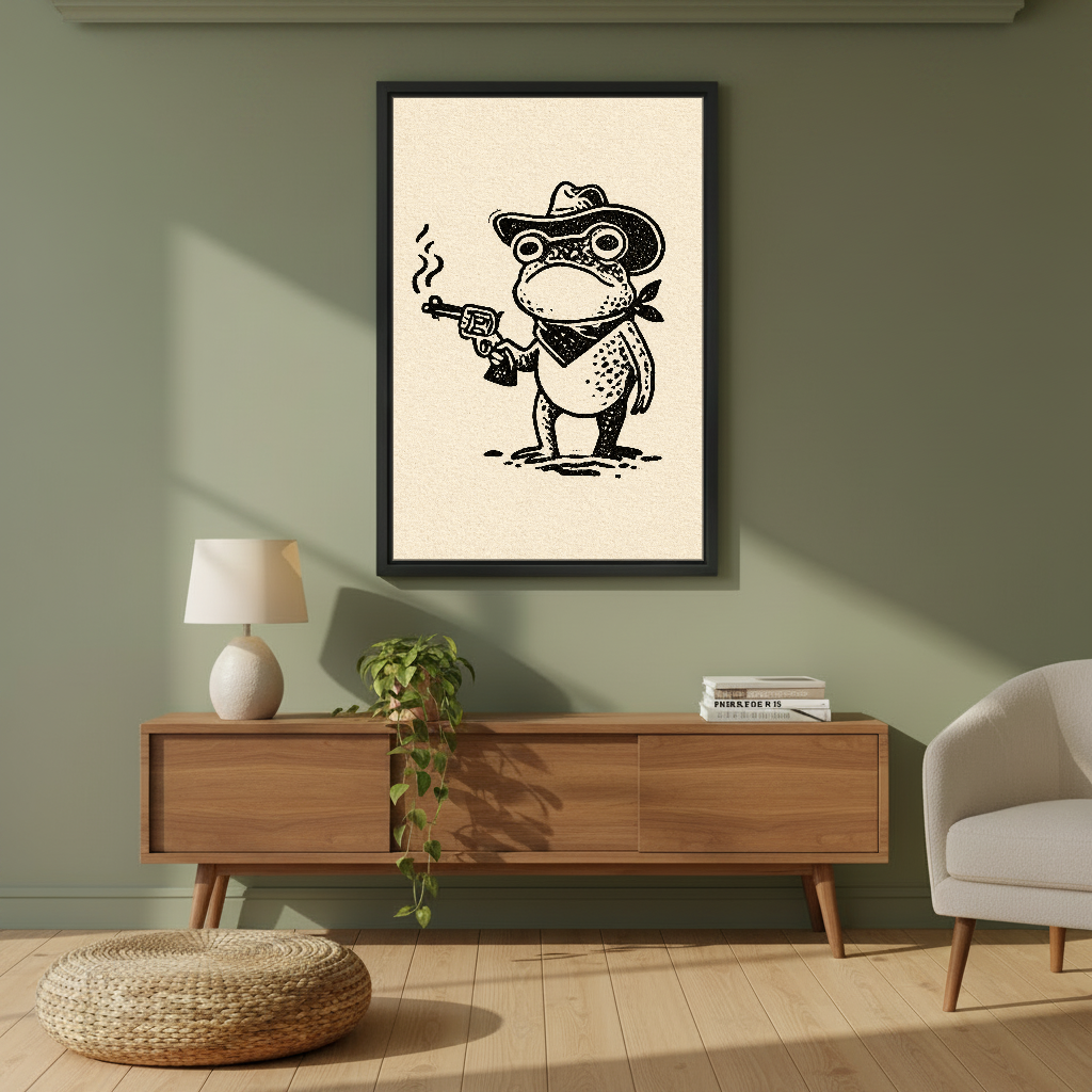 Little Frog Outlaw Canvas Wall Art framed above a wood console against an olive wall.