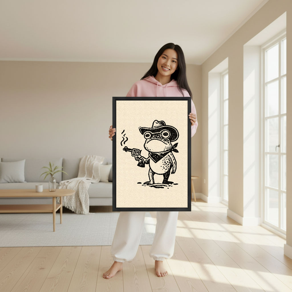 Little Frog Outlaw Canvas Wall Art held in a black frame by a woman in pink.