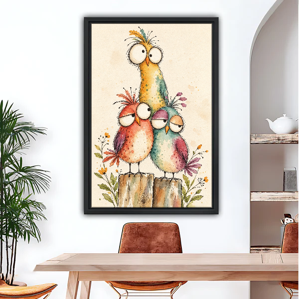 Three Quirky Birds Canvas Wall Art framed above a wood desk beneath a bright archway.