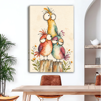Three Quirky Birds Canvas Wall Art unframed above a wood desk beside a brown chair.
