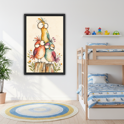 Three Quirky Birds Canvas Wall Art framed above bunk beds with blue nautical bedding.