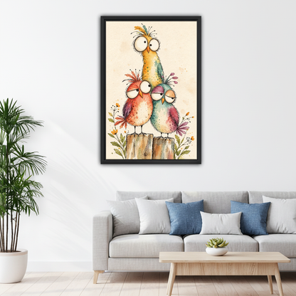 Three Quirky Birds Canvas Wall Art framed above a pale gray sofa with blue cushions.