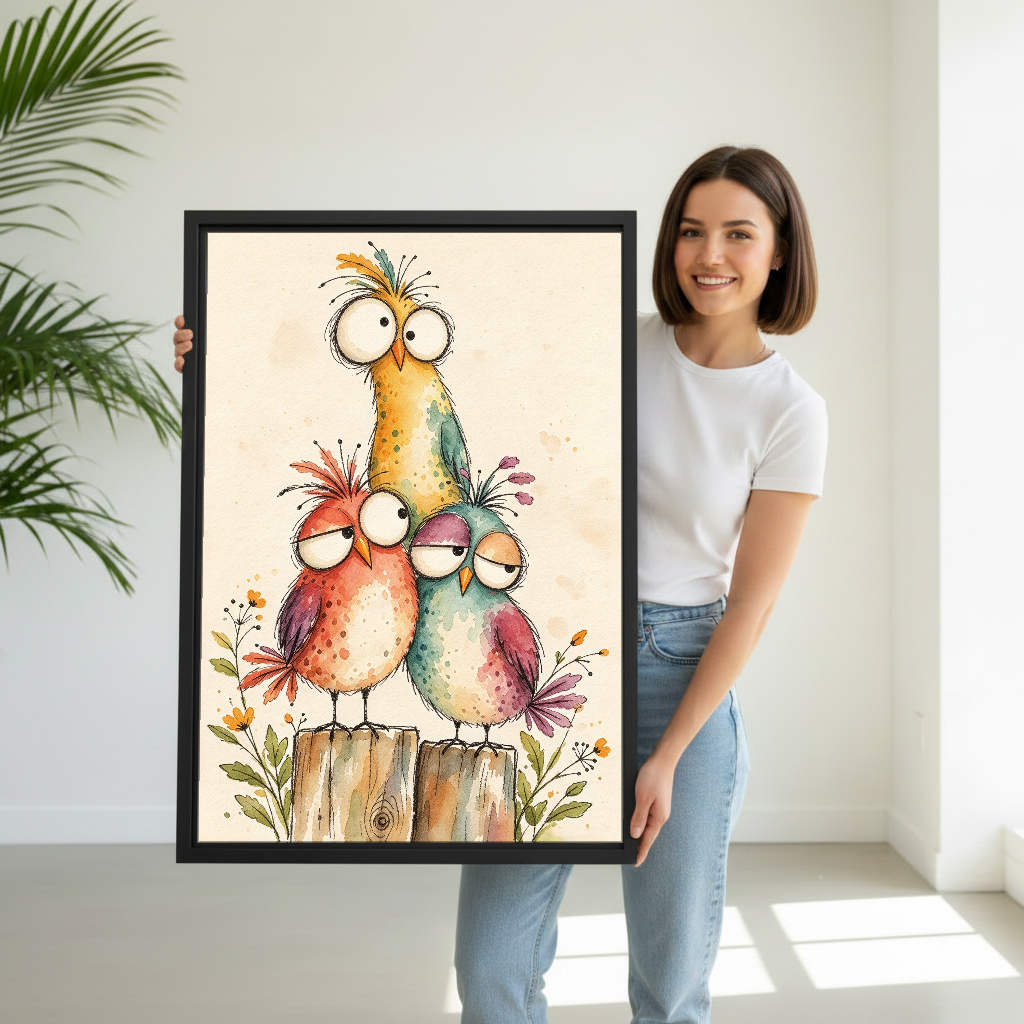 Three Quirky Birds Canvas Wall Art held by a woman in white shirt and jeans.