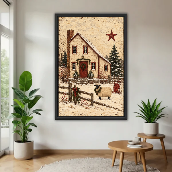 Snowy Cottage Sheep Canvas Wall Art framed above a pale wood table beside green plants.