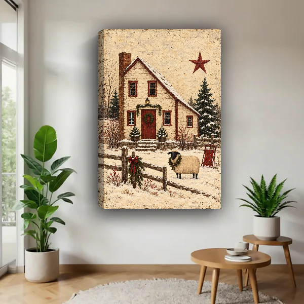 Snowy Cottage Sheep Canvas Wall Art unframed above a pale wood table beside green plants.
