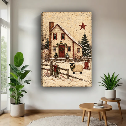 Snowy Cottage Sheep Canvas Wall Art unframed above a pale wood table beside green plants.