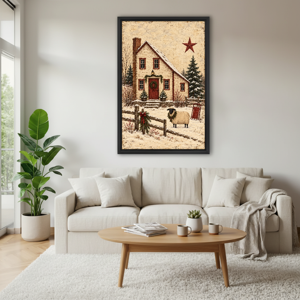 Snowy Cottage Sheep Canvas Wall Art framed above a cream sofa and round wood table.