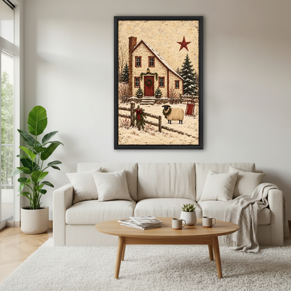 Snowy Cottage Sheep Canvas Wall Art framed above a cream sofa and round wood table.