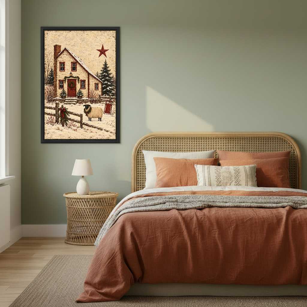 Snowy Cottage Sheep Canvas Wall Art framed above rust bedding against a muted olive wall.