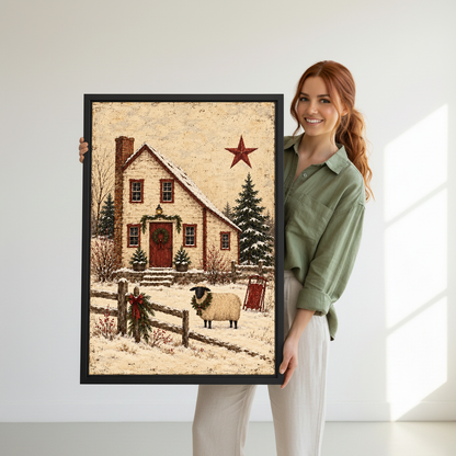 Snowy Cottage Sheep Canvas Wall Art held in a black frame by a woman in green.