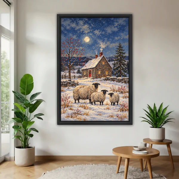 Moonlit Cottage Sheep Canvas Wall Art framed above a pale wood table beside green plants.