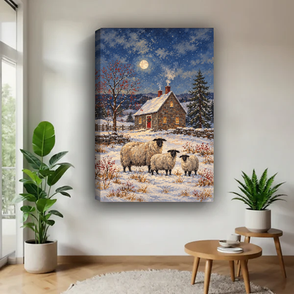 Moonlit Cottage Sheep Canvas Wall Art unframed above a pale wood table beside green plants.