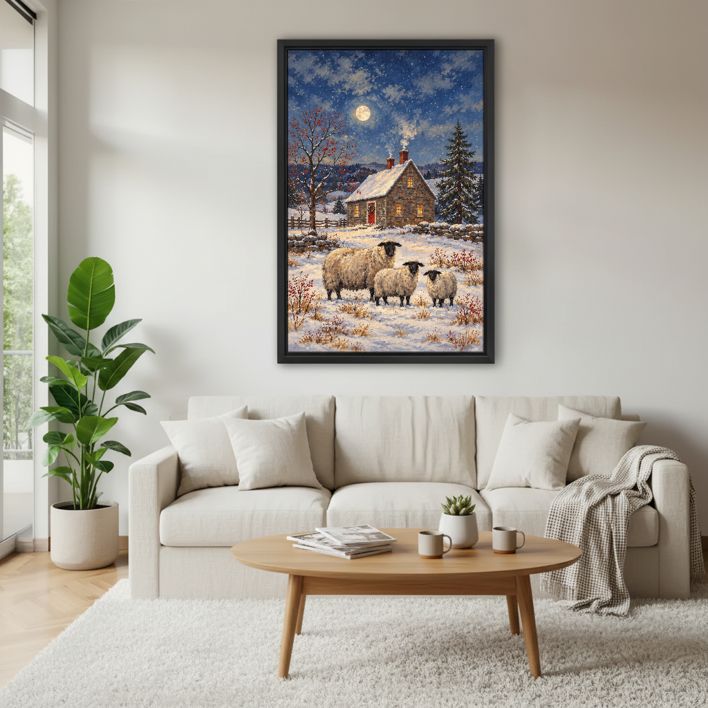 Moonlit Cottage Sheep Canvas Wall Art framed above a cream sofa and round wood table.