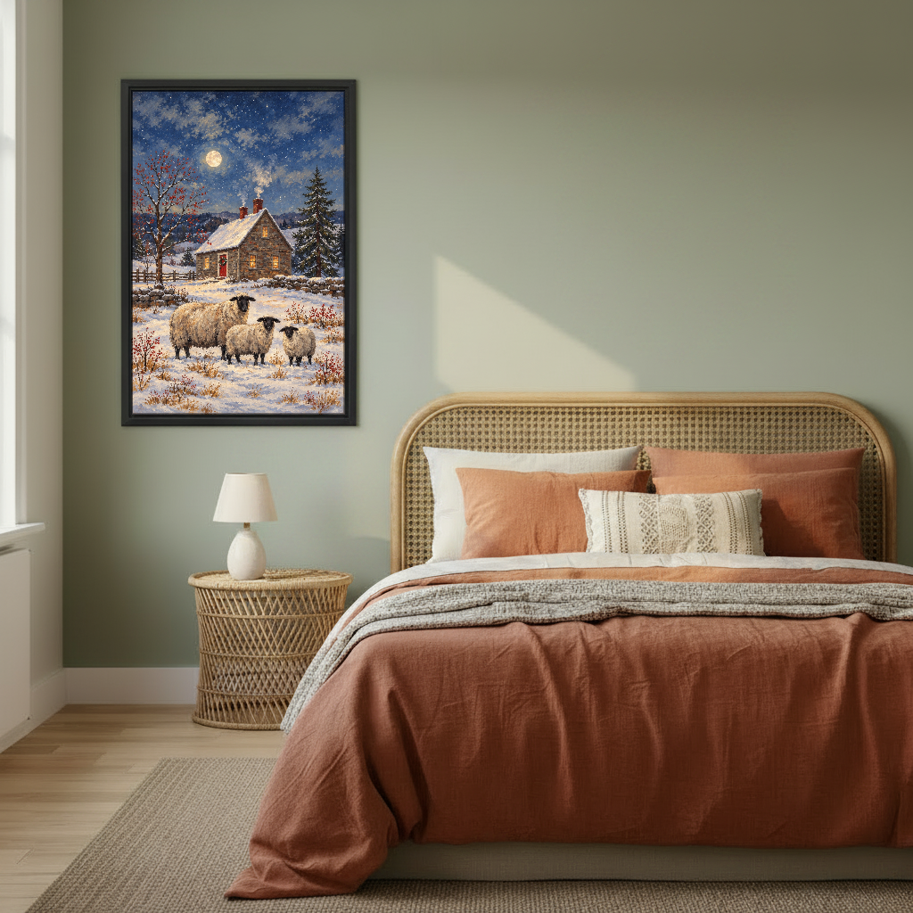Moonlit Cottage Sheep Canvas Wall Art framed above rust bedding against a muted olive wall.