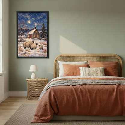 Moonlit Cottage Sheep Canvas Wall Art framed above rust bedding against a muted olive wall.