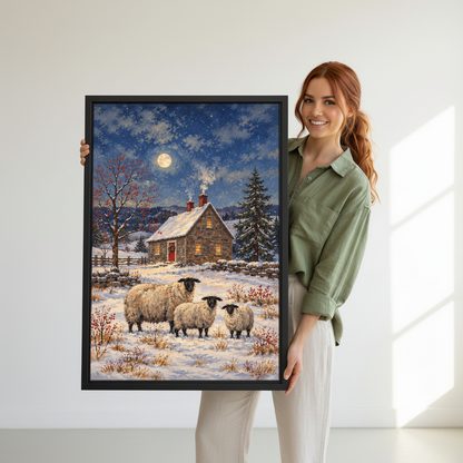 Moonlit Cottage Sheep Canvas Wall Art held in a black frame by a woman in green.