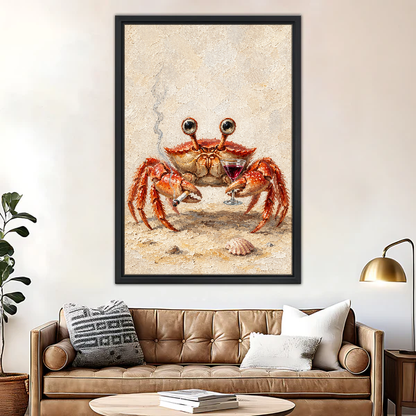 Crab Wine Break Canvas Wall Art framed above a brown leather sofa and brass lamp.