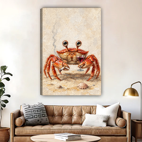 Crab Wine Break Canvas Wall Art unframed above a brown leather sofa and brass lamp.