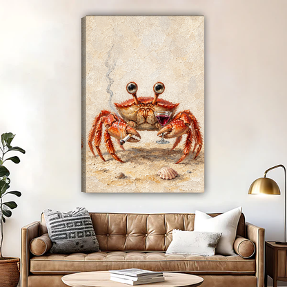 Crab Wine Break Canvas Wall Art unframed above a brown leather sofa and brass lamp.