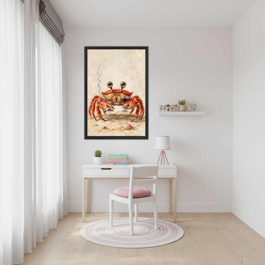 Crab Wine Break Canvas Wall Art framed above a white desk beside a pale pink chair.