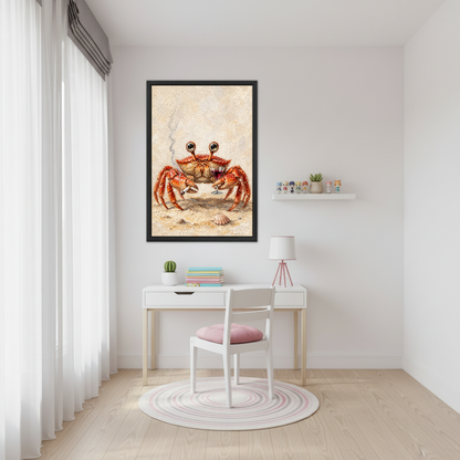 Crab Wine Break Canvas Wall Art framed above a white desk beside a pale pink chair.
