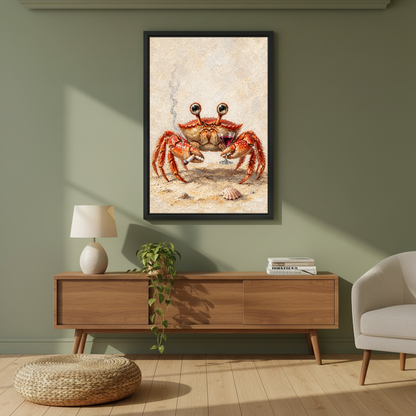 Crab Wine Break Canvas Wall Art framed above a wood console against an olive wall.