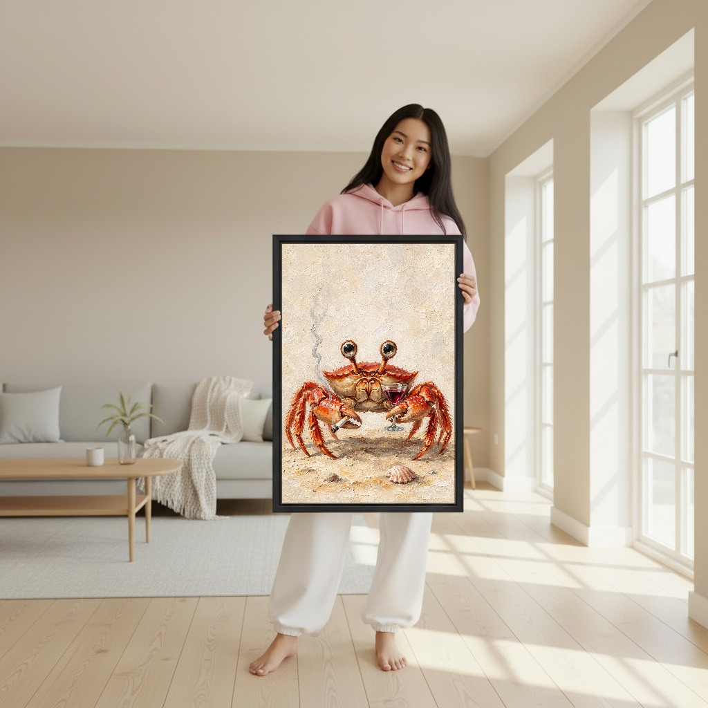 Crab Wine Break Canvas Wall Art held in a black frame by a woman in pink.