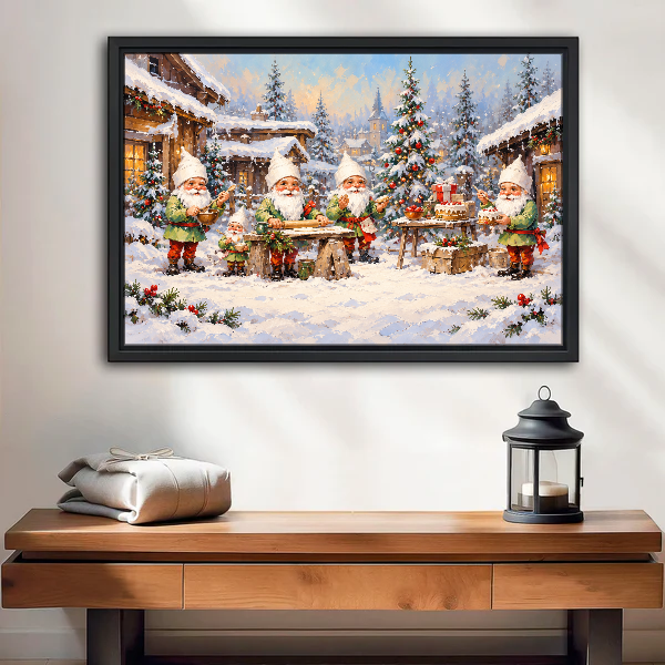 Christmas Gnome Chefs Canvas Wall Art framed above a wood console with lantern and folded linen.