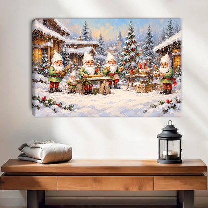 Christmas Gnome Chefs Canvas Wall Art unframed above a wood console with lantern and folded linen.