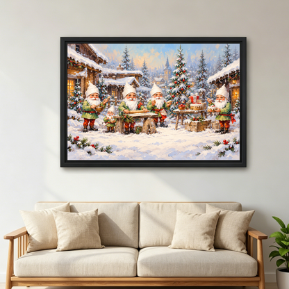 Christmas Gnome Chefs Canvas Wall Art framed above a cream sofa with wooden arms.
