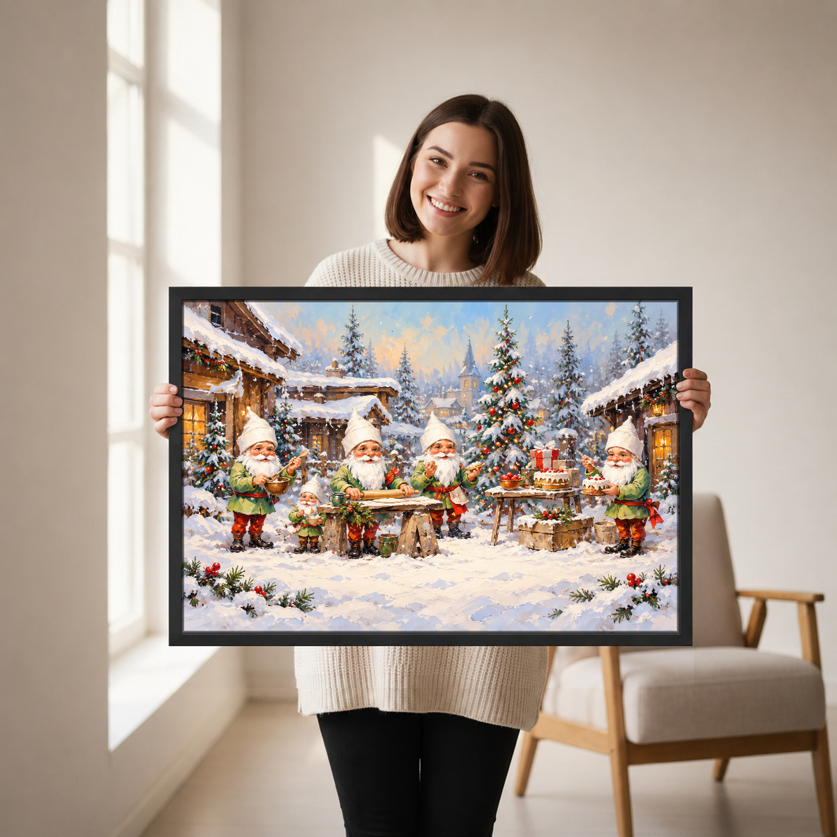 Christmas Gnome Chefs Canvas Wall Art held by a woman in a bright neutral room.