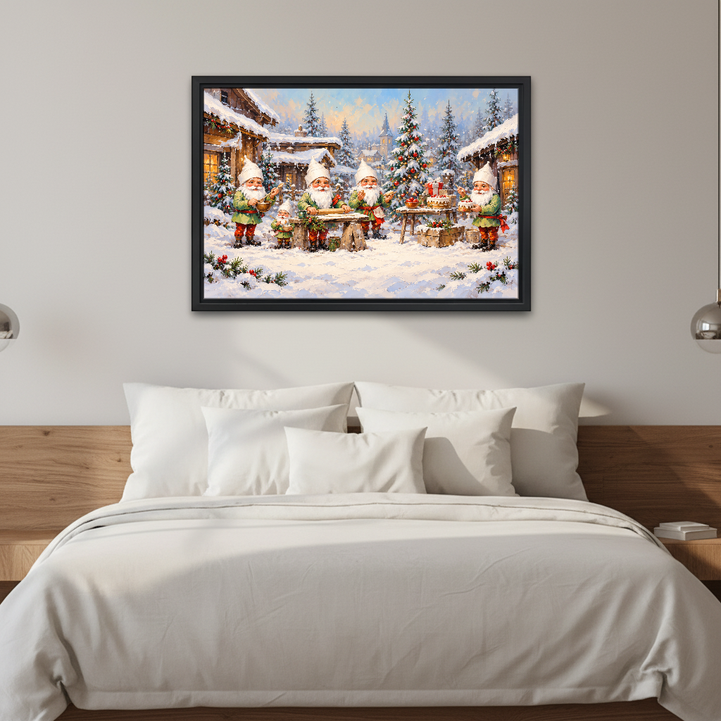 Christmas Gnome Chefs Canvas Wall Art framed above white bedding and wooden bedside tables.