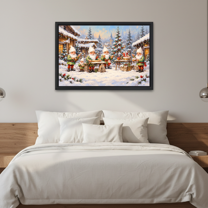 Christmas Gnome Chefs Canvas Wall Art framed above white bedding and wooden bedside tables.