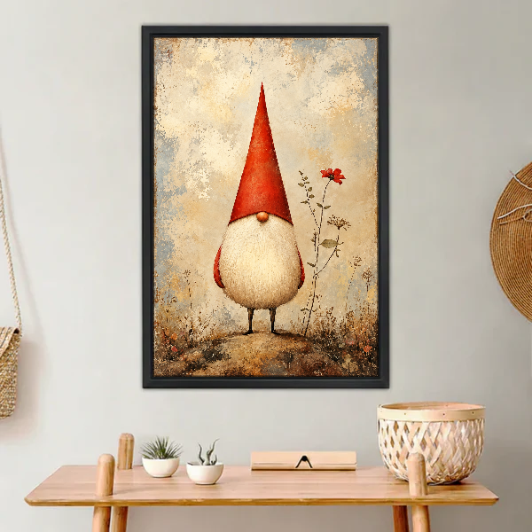 Little Red Hat Gnome Canvas Wall Art framed above a light wood console with cacti.