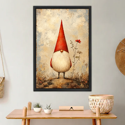 Little Red Hat Gnome Canvas Wall Art framed above a light wood console with cacti.