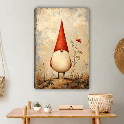 Little Red Hat Gnome Canvas Wall Art unframed above a light wood console and woven basket.