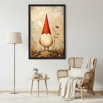 Little Red Hat Gnome Canvas Wall Art framed beside a wicker armchair and brass floor lamp.