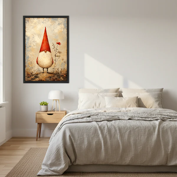 Little Red Hat Gnome Canvas Wall Art framed above cream bedding and pale wood nightstands.
