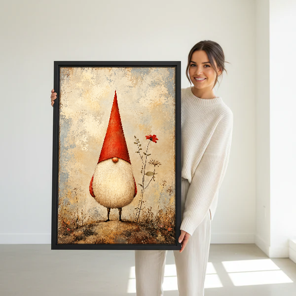 Little Red Hat Gnome Canvas Wall Art held in a black frame by a woman in cream.