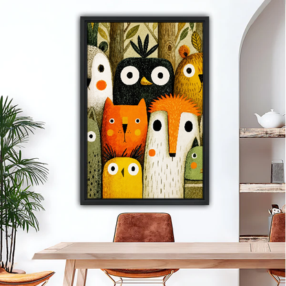 Woodland Faces Gathering Canvas Wall Art framed above a wood desk beneath a bright archway.