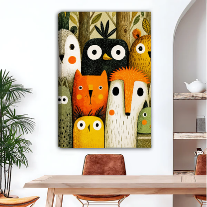 Woodland Faces Gathering Canvas Wall Art unframed above a wood desk beside a brown chair.