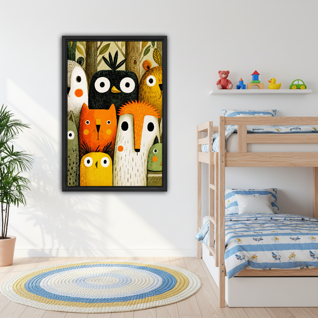 Woodland Faces Gathering Canvas Wall Art framed above bunk beds with blue nautical bedding.