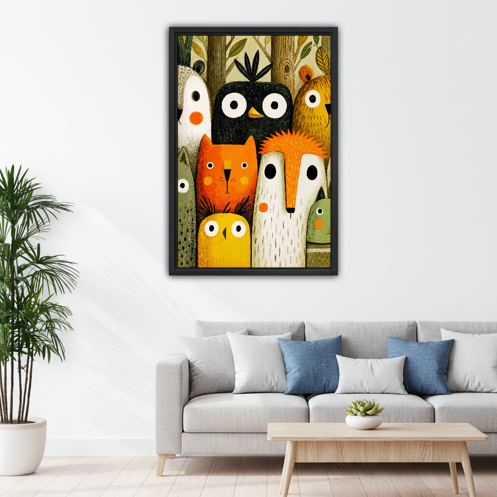 Woodland Faces Gathering Canvas Wall Art framed above a pale gray sofa with blue cushions.