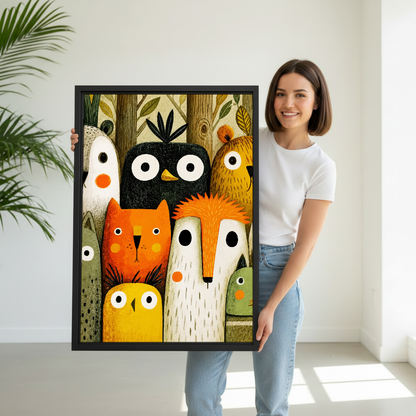 Woodland Faces Gathering Canvas Wall Art held by a woman in white shirt and jeans.